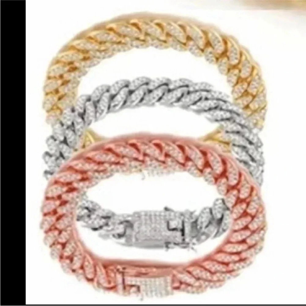 - CUBAN LINK ICED OUT SILVERTONE & ROSE GOLD DOG COLLARS XS 11”